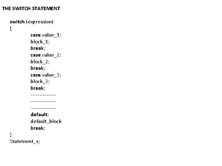 THE SWITCH STATEMENT switch (expression) { case value_1: block_1; break; case value_2: block_2; break;