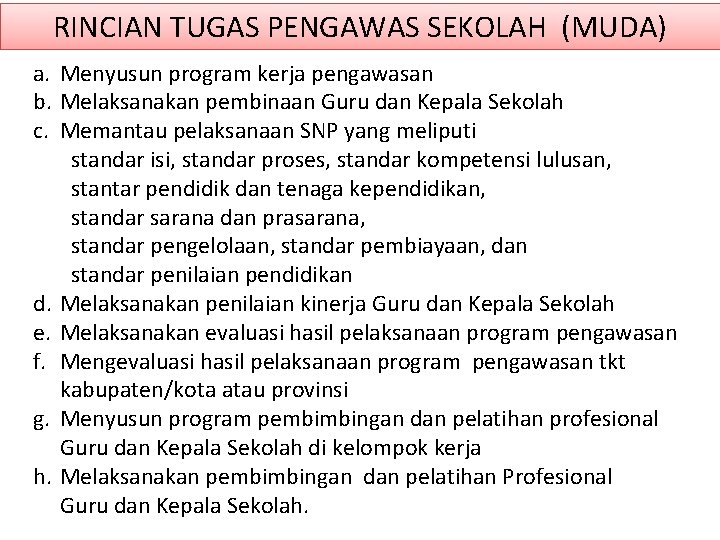 RINCIAN TUGAS PENGAWAS SEKOLAH (MUDA) a. Menyusun program kerja pengawasan b. Melaksanakan pembinaan Guru