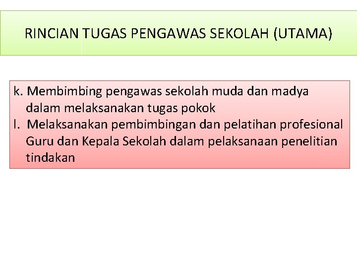 RINCIAN TUGAS PENGAWAS SEKOLAH (UTAMA) k. Membimbing pengawas sekolah muda dan madya dalam melaksanakan