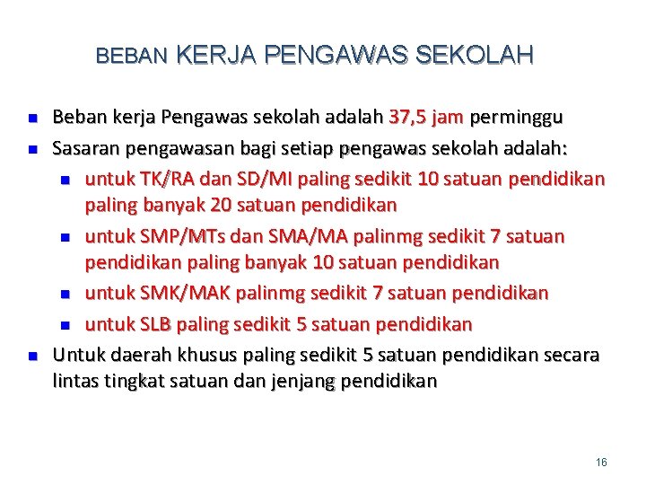 BEBAN KERJA PENGAWAS SEKOLAH n n n Beban kerja Pengawas sekolah adalah 37, 5