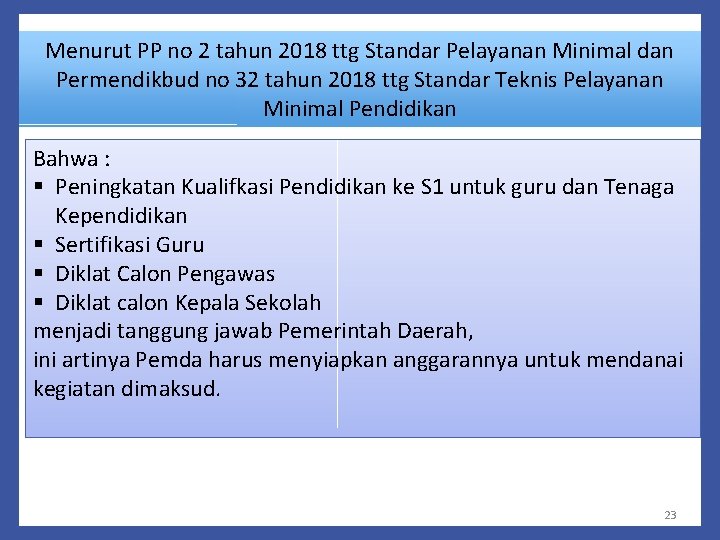 Menurut PP no 2 tahun 2018 ttg Standar Pelayanan Minimal dan Permendikbud no 32