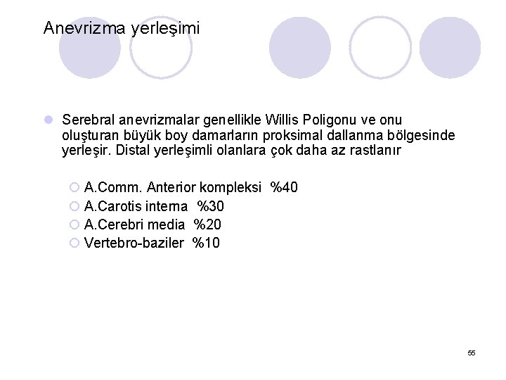 Anevrizma yerleşimi l Serebral anevrizmalar genellikle Willis Poligonu ve onu oluşturan büyük boy damarların