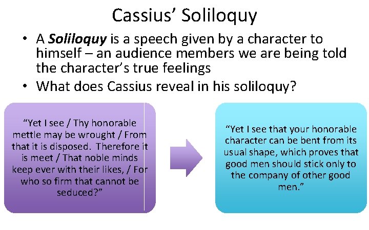 Cassius’ Soliloquy • A Soliloquy is a speech given by a character to himself