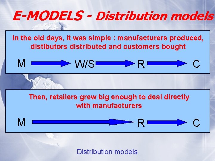 E-MODELS - Distribution models In the old days, it was simple : manufacturers produced,