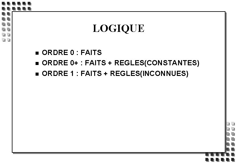 LOGIQUE n n n ORDRE 0 : FAITS ORDRE 0+ : FAITS + REGLES(CONSTANTES)