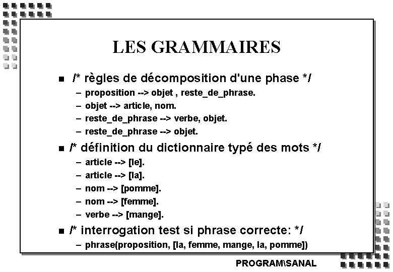 LES GRAMMAIRES n /* règles de décomposition d'une phase */ – – n /*