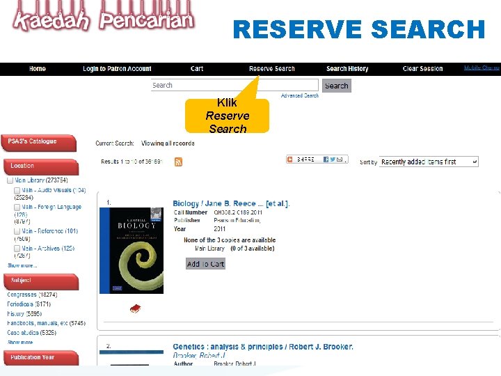 RESERVE SEARCH Klik Reserve Search 