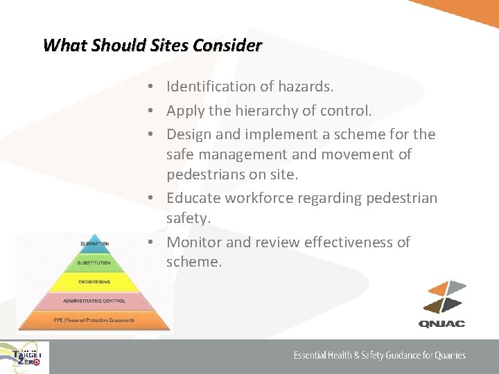 What Should Sites Consider • Identification of hazards. • Apply the hierarchy of control.