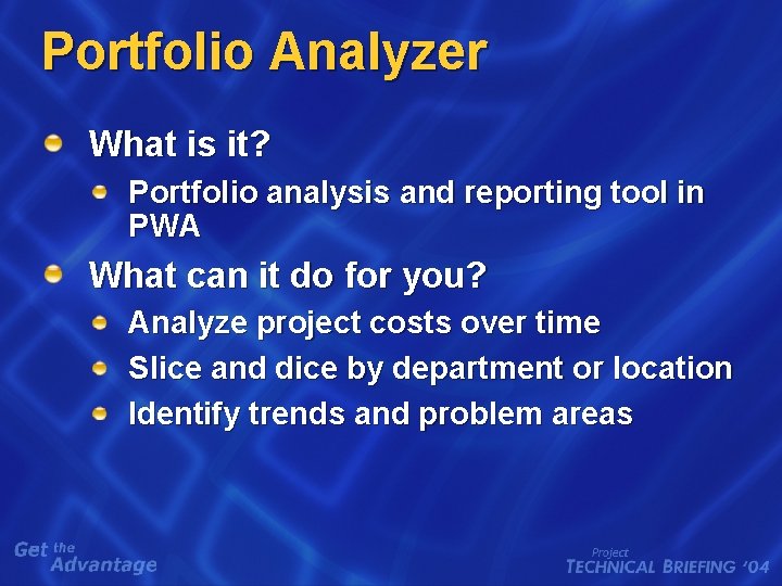 Portfolio Analyzer What is it? Portfolio analysis and reporting tool in PWA What can