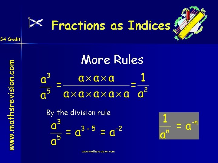 Fractions as Indices www. mathsrevision. com S 4 Credit More Rules By the division