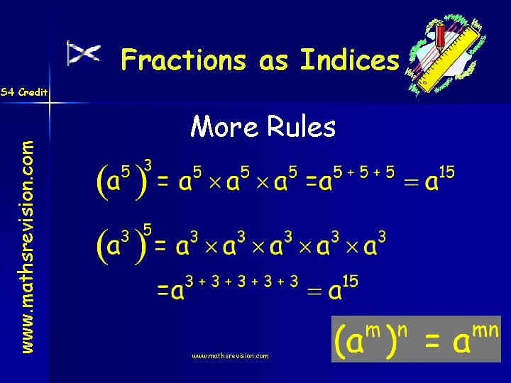Fractions as Indices www. mathsrevision. com S 4 Credit More Rules www. mathsrevision. com