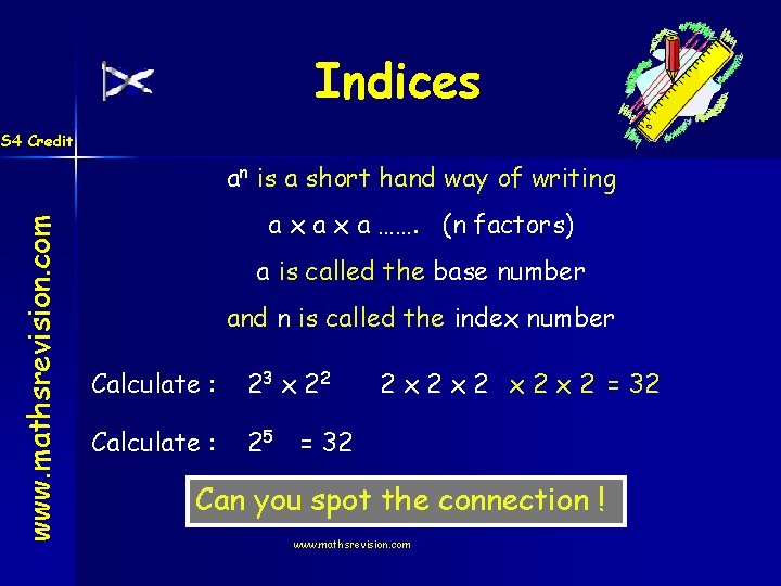 Indices S 4 Credit www. mathsrevision. com an is a short hand way of