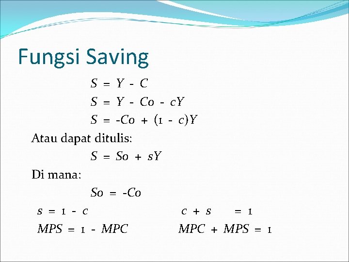 Fungsi Saving S = Y - Co - c. Y S = -Co +