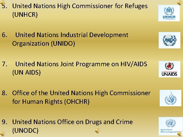 5. United Nations High Commissioner for Refuges (UNHCR) 6. United Nations Industrial Development Organization