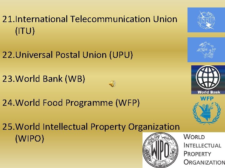21. International Telecommunication Union (ITU) 22. Universal Postal Union (UPU) 23. World Bank (WB)