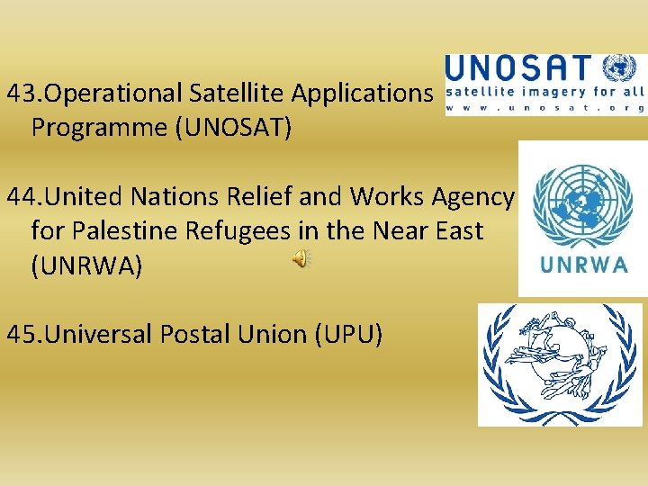 43. Operational Satellite Applications Programme (UNOSAT) 44. United Nations Relief and Works Agency for