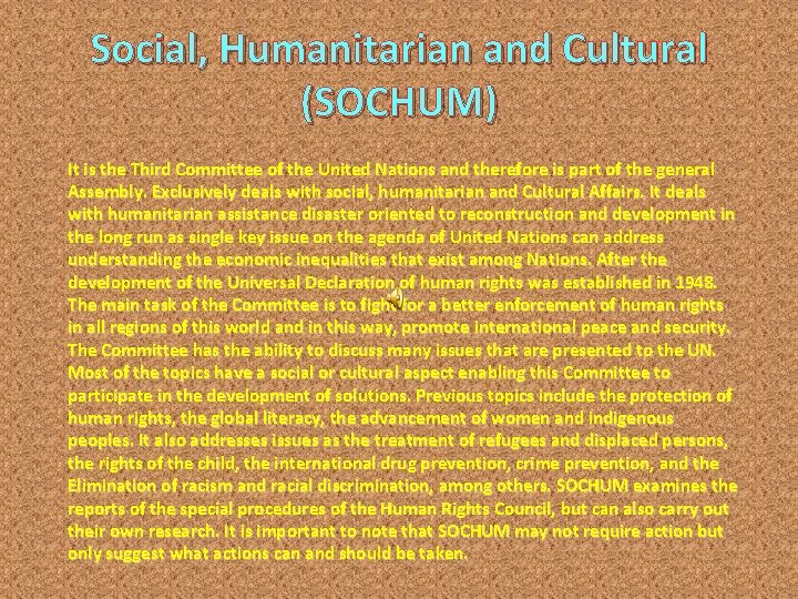 Social, Humanitarian and Cultural (SOCHUM) It is the Third Committee of the United Nations