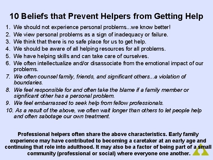 10 Beliefs that Prevent Helpers from Getting Help 1. 2. 3. 4. 5. 6.