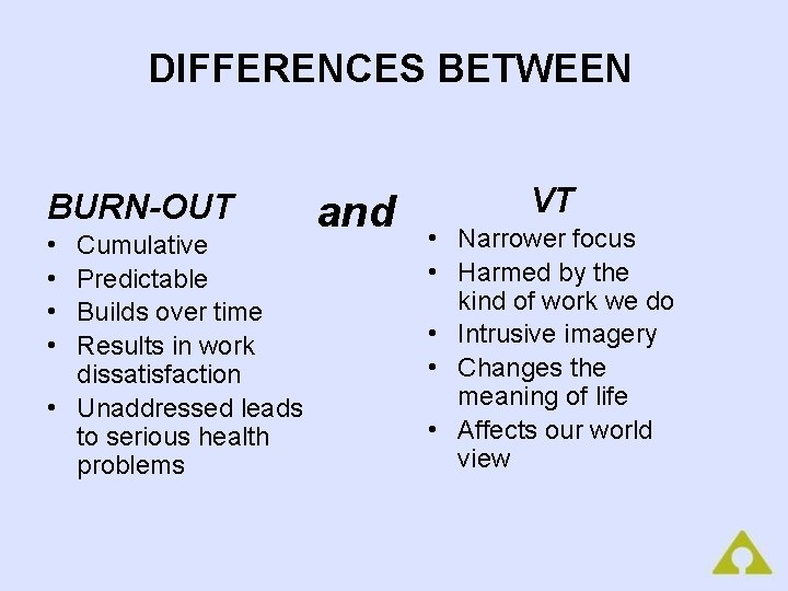 DIFFERENCES BETWEEN BURN-OUT • • Cumulative Predictable Builds over time Results in work dissatisfaction