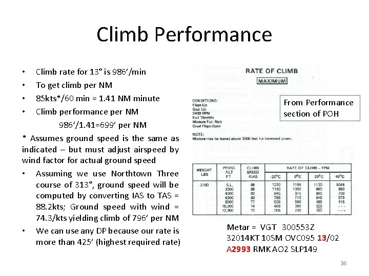 Climb Performance Climb rate for 13° is 986’/min To get climb per NM 85