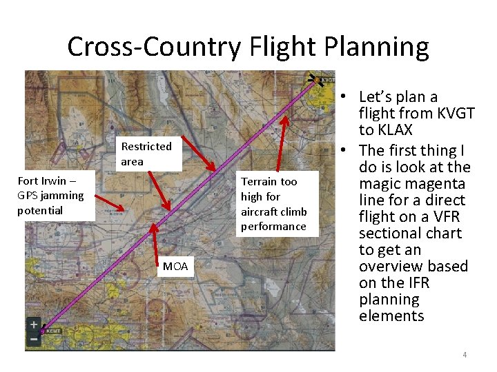 Cross-Country Flight Planning Restricted area Fort Irwin – GPS jamming potential Terrain too high