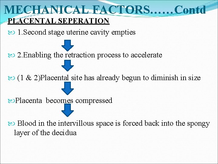 MECHANICAL FACTORS……Contd PLACENTAL SEPERATION 1. Second stage uterine cavity empties 2. Enabling the retraction