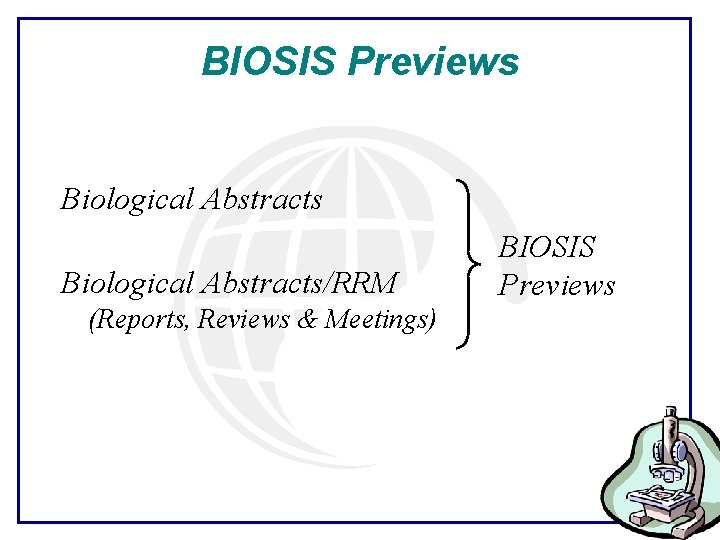 BIOSIS Previews Biological Abstracts/RRM (Reports, Reviews & Meetings) BIOSIS Previews 