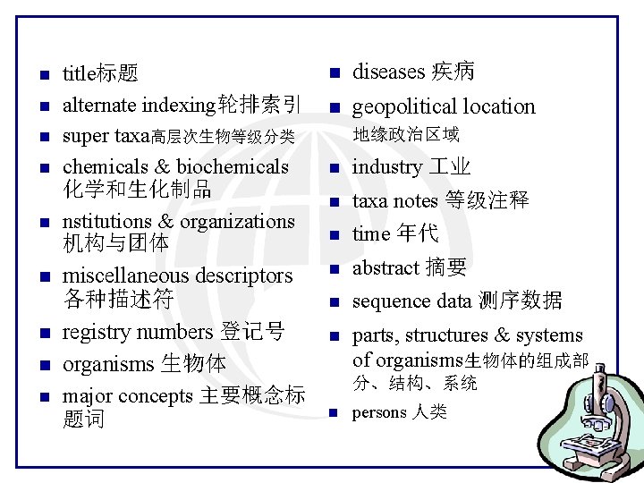 title标题 n alternate indexing轮排索引 n super taxa高层次生物等级分类 n chemicals & biochemicals 化学和生化制品 n nstitutions