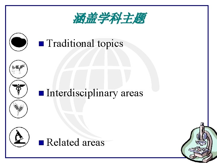 涵盖学科主题 n Traditional topics n Interdisciplinary n Related areas 