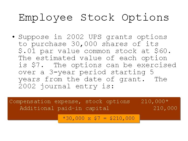 Employee Stock Options • Suppose in 2002 UPS grants options to purchase 30, 000