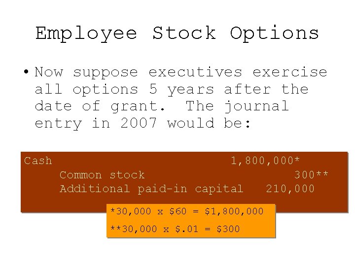 Employee Stock Options • Now suppose executives exercise all options 5 years after the