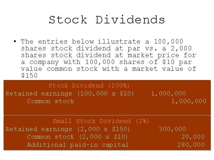 Stock Dividends • The entries below illustrate a 100, 000 shares stock dividend at