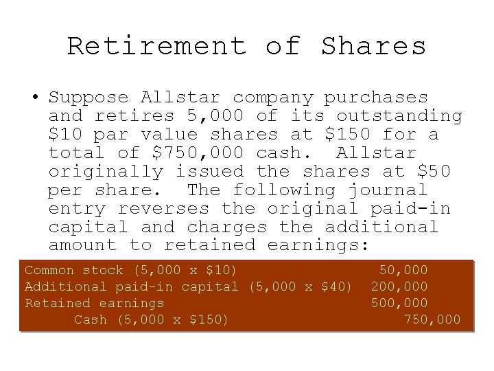 Retirement of Shares • Suppose Allstar company purchases and retires 5, 000 of its