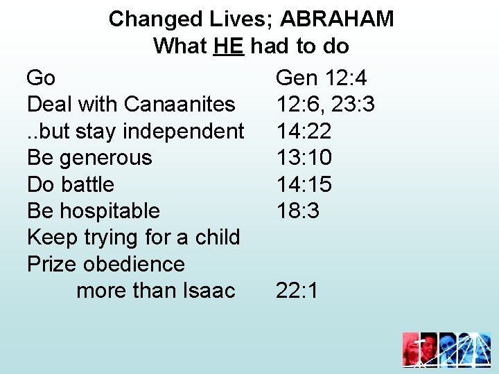 Changed Lives; ABRAHAM What HE had to do Go Gen 12: 4 Deal with