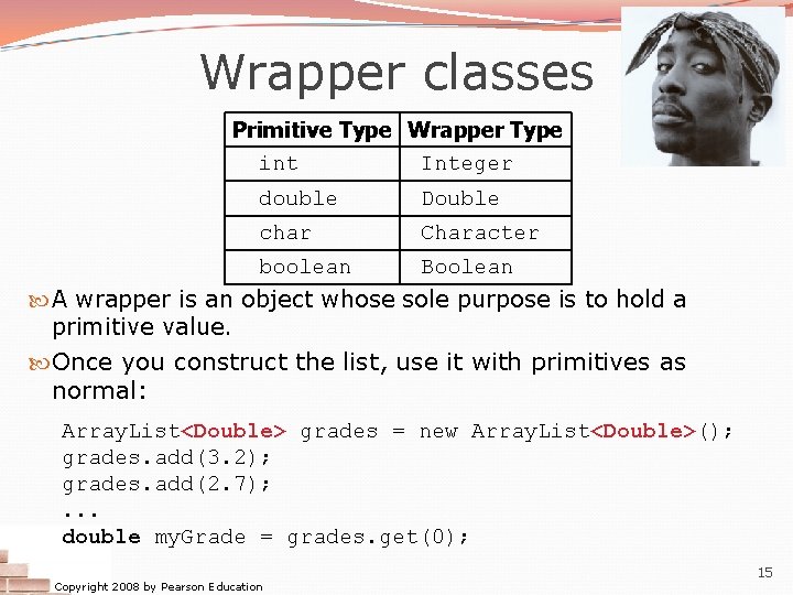 Wrapper classes Primitive Type Wrapper Type int Integer double Double char Character boolean Boolean Wrapper classes Primitive Type Wrapper Type int Integer double Double char Character boolean Boolean