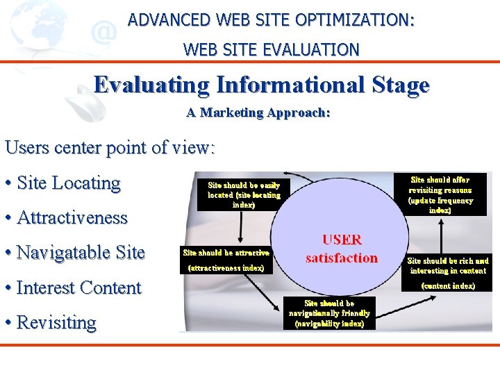 ADVANCED WEB SITE OPTIMIZATION: WEB SITE EVALUATION Evaluating Informational Stage A Marketing Approach: Users