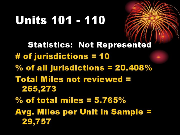 Units 101 - 110 Statistics: Not Represented # of jurisdictions = 10 % of
