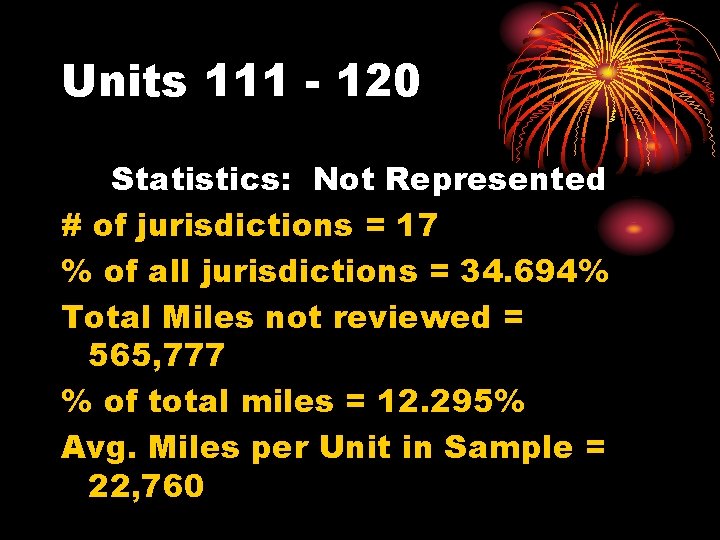 Units 111 - 120 Statistics: Not Represented # of jurisdictions = 17 % of