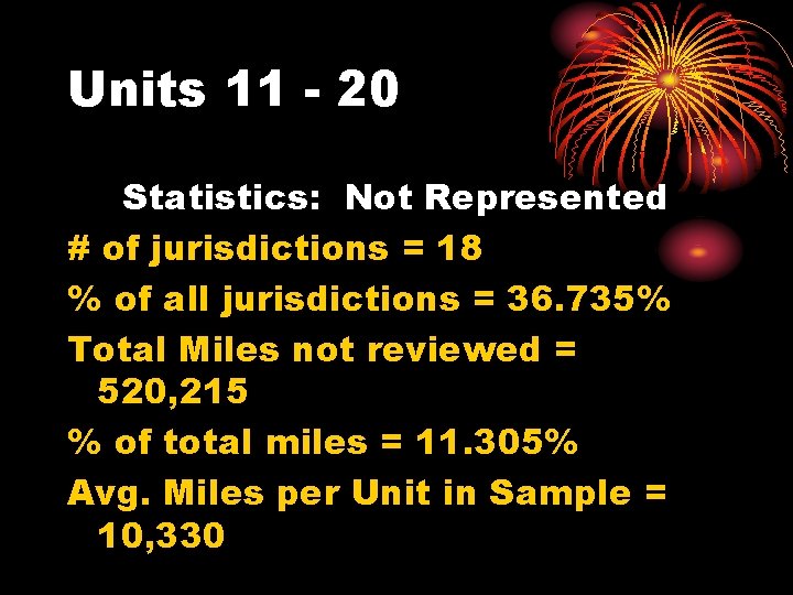 Units 11 - 20 Statistics: Not Represented # of jurisdictions = 18 % of