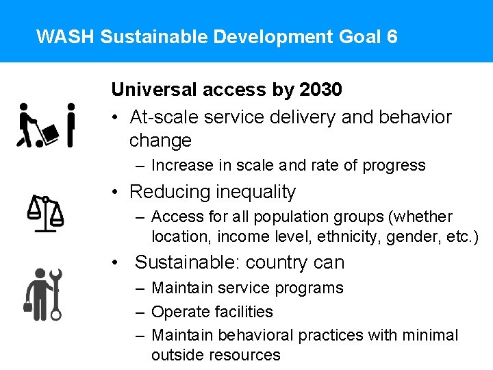 WASH Sustainable Development Goal 6 Universal access by 2030 • At-scale service delivery and