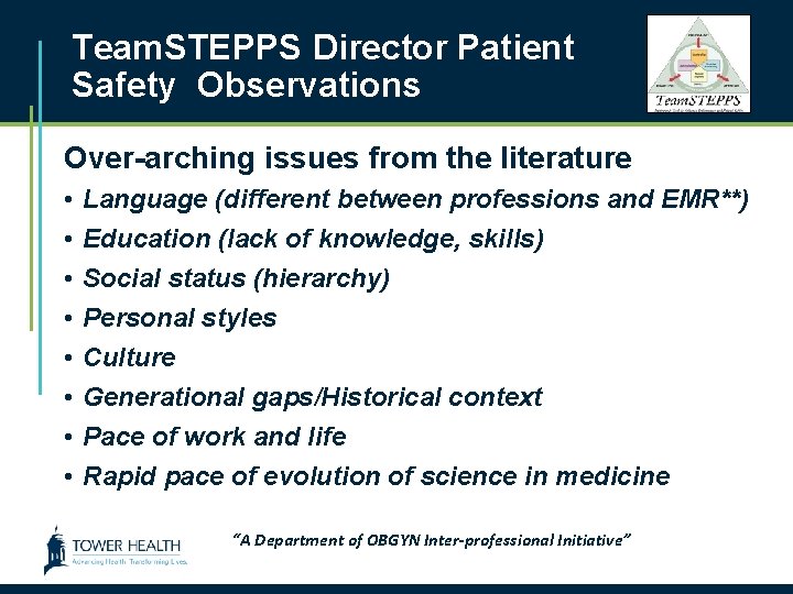 Team. STEPPS Director Patient Safety Observations Over-arching issues from the literature • • Language