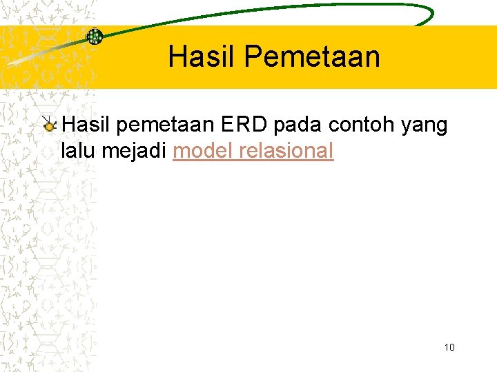 Hasil Pemetaan Hasil pemetaan ERD pada contoh yang lalu mejadi model relasional 10 