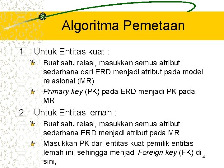 Algoritma Pemetaan 1. Untuk Entitas kuat : Buat satu relasi, masukkan semua atribut sederhana