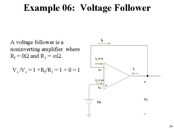 Example 06: Voltage Follower A voltage follower is a noninverting amplifier where Rf =