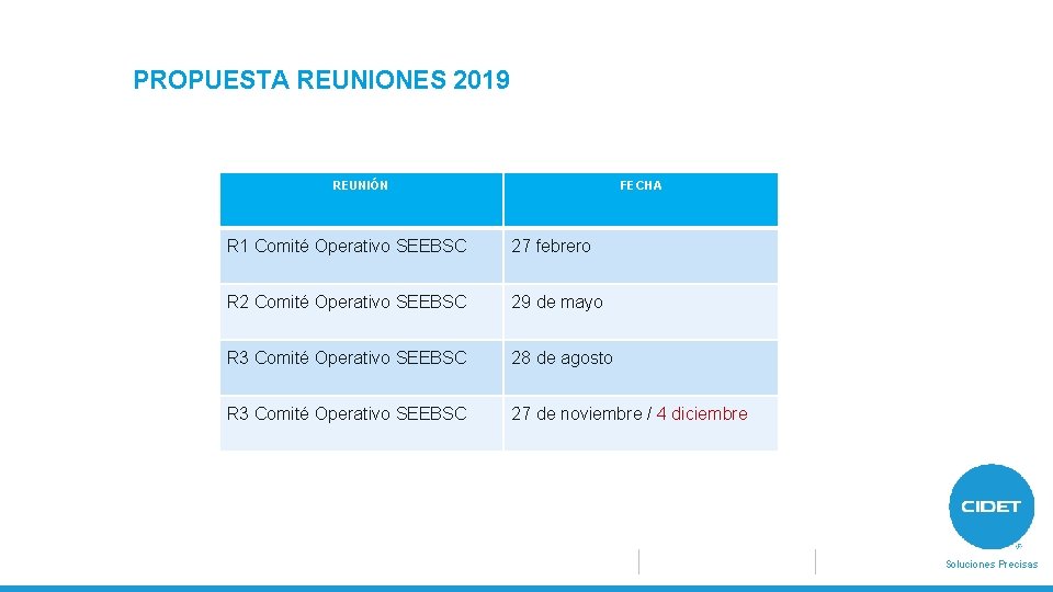 PROPUESTA REUNIONES 2019 REUNIÓN FECHA R 1 Comité Operativo SEEBSC 27 febrero R 2