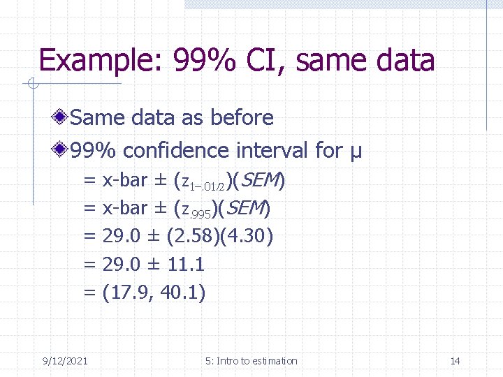 Example: 99% CI, same data Same data as before 99% confidence interval for µ