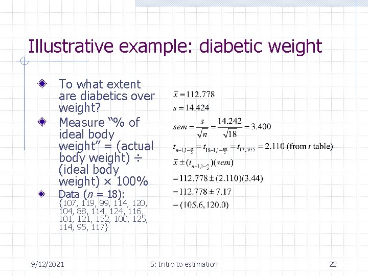 Illustrative example: diabetic weight To what extent are diabetics over weight? Measure “% of