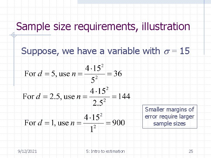 Sample size requirements, illustration Suppose, we have a variable with s = 15 Smaller