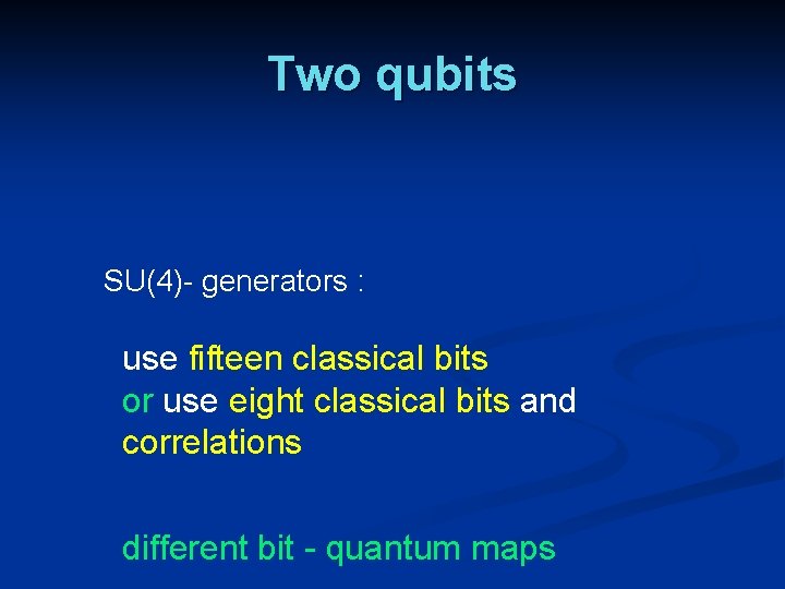 Two qubits SU(4)- generators : use fifteen classical bits or use eight classical bits Two qubits SU(4)- generators : use fifteen classical bits or use eight classical bits