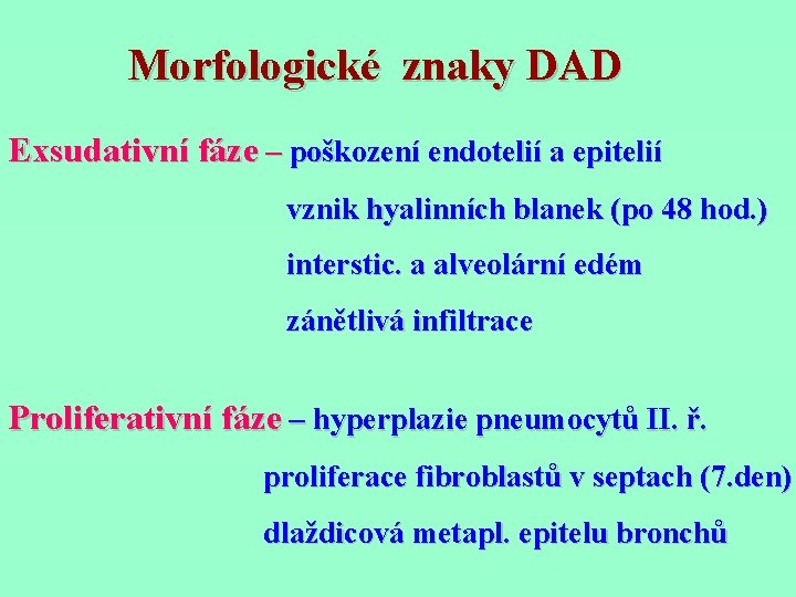 Morfologické znaky DAD Exsudativní fáze – poškození endotelií a epitelií vznik hyalinních blanek (po